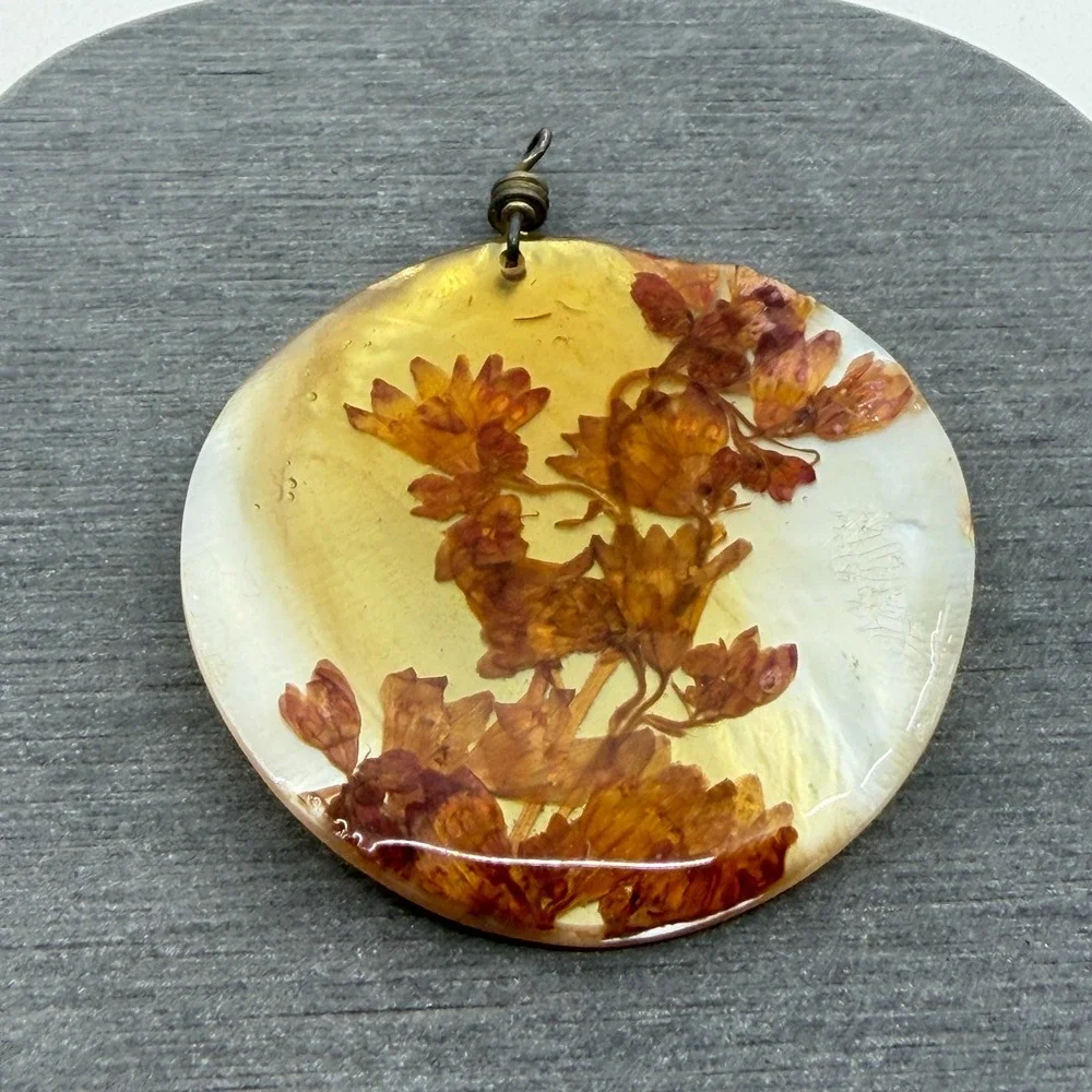 Dried Flower Resin Pendant Amber & Bronze Tone Yellow Cottagecore Boho Jewelry